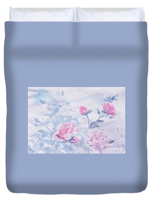 Pink Roses Duvet Cover featuring the painting Healing roses-03 by Sweeping Girl