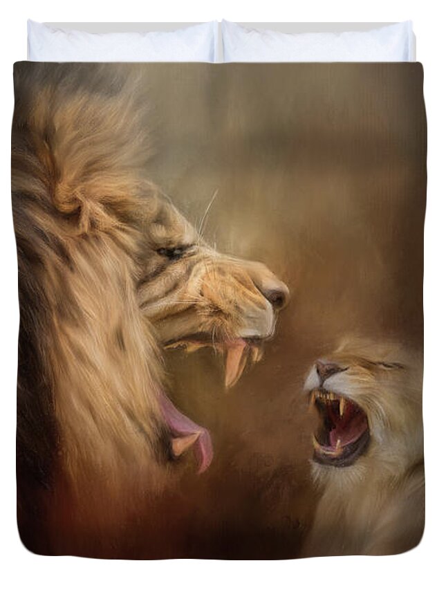 Jai Johnson Duvet Cover featuring the painting Heated Conversation Lion Art by Jai Johnson