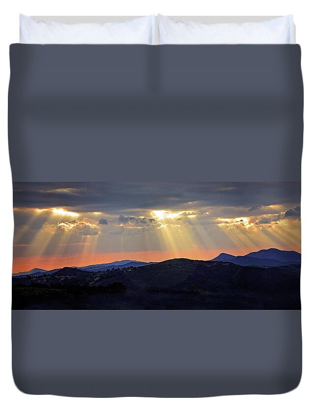 Ventura County Duvet Cover featuring the photograph Heavenly Lights Sunset Panorama by Lynn Bauer