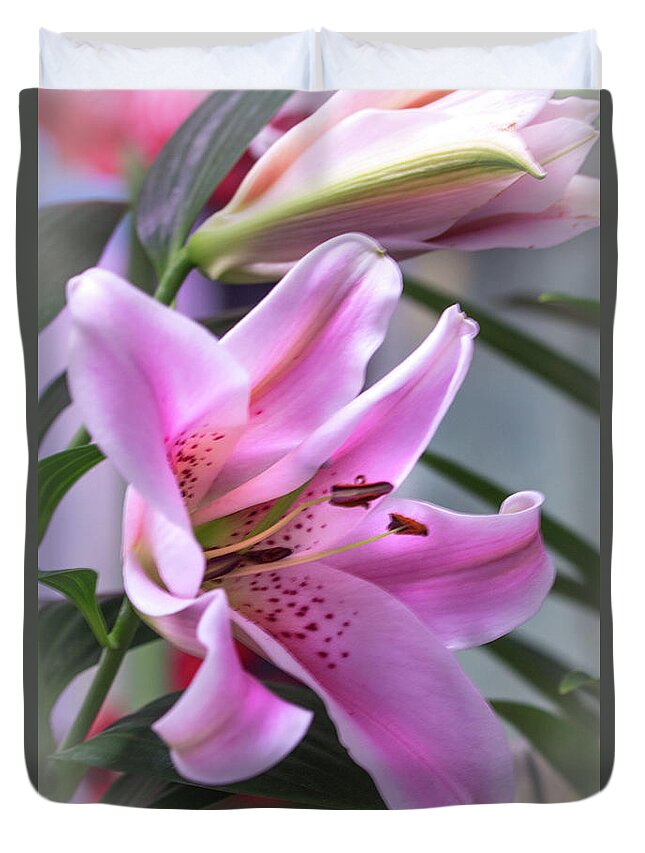 Lily Duvet Cover featuring the photograph Heavenly Pink Lily by Carol Senske