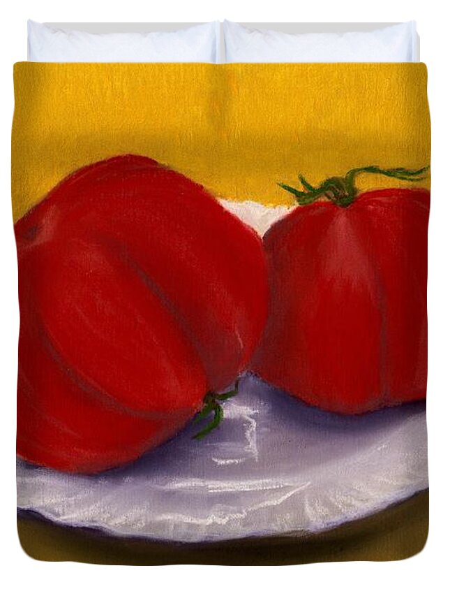 Tomatoes Duvet Cover featuring the drawing Heirloom Tomatoes by Anastasiya Malakhova