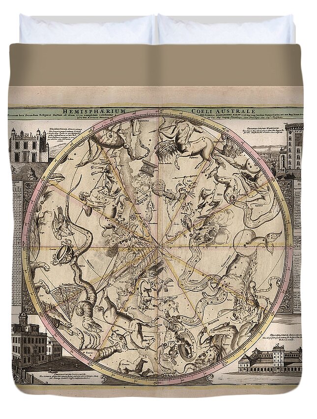 Map Of The Constellations Duvet Cover featuring the drawing Hemisphaerium Coeli Australe - Celestial Map - Constellations Map - Illustrated Map of the Sky by Studio Grafiikka