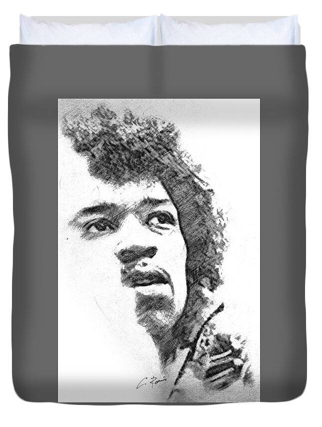 Jimmi Duvet Cover featuring the drawing Hendrix by Charlie Roman