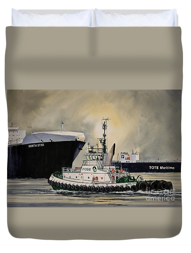 Tugboat Henry Foss Duvet Cover featuring the painting HENRY FOSS assisting Tote Maritime by James Williamson