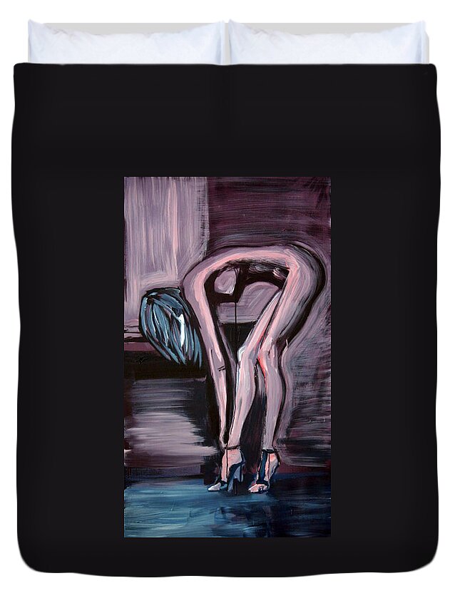 Art Duvet Cover featuring the painting Her Blue Shoes by Jarmo Korhonen aka Jarko