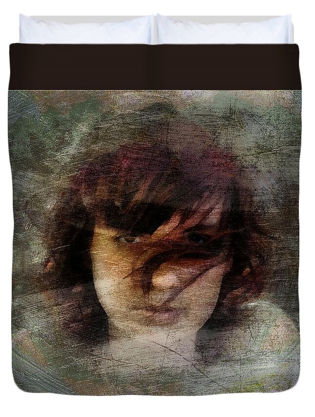 Girl Duvet Cover featuring the digital art Her dark story by Gun Legler