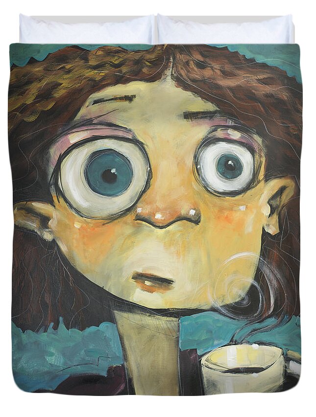Coffee Duvet Cover featuring the painting Her First Sip Of Coffee by Tim Nyberg