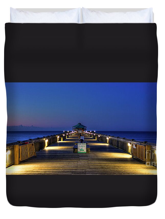 Reid Callaway Here It Comes Now Duvet Cover featuring the photograph Here It Comes Now Folly Beach Pier Sunrise Art by Reid Callaway