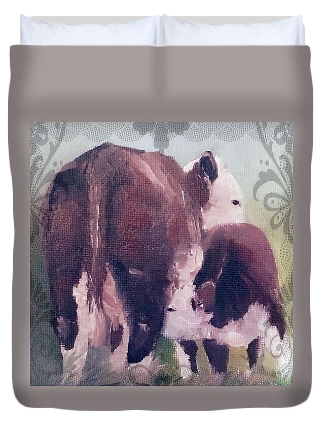 Cow Duvet Cover featuring the painting Hereford Cow Calf by Michele Carter