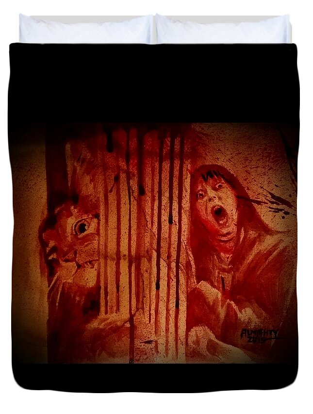 The Shining Duvet Cover featuring the painting Here's Kitty by Ryan Almighty