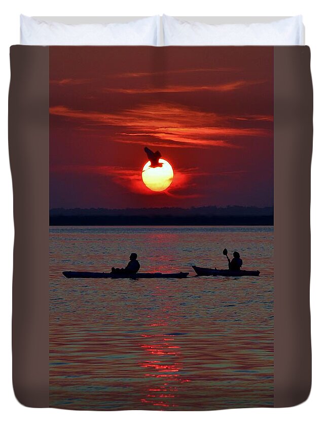 Beach Bum Pics Duvet Cover featuring the photograph Heron and Kayakers Sunset by Billy Beck