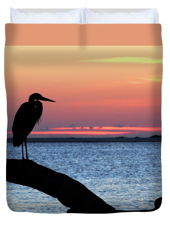 Heron Duvet Cover featuring the photograph Heron at Datbreak by Ted Keller