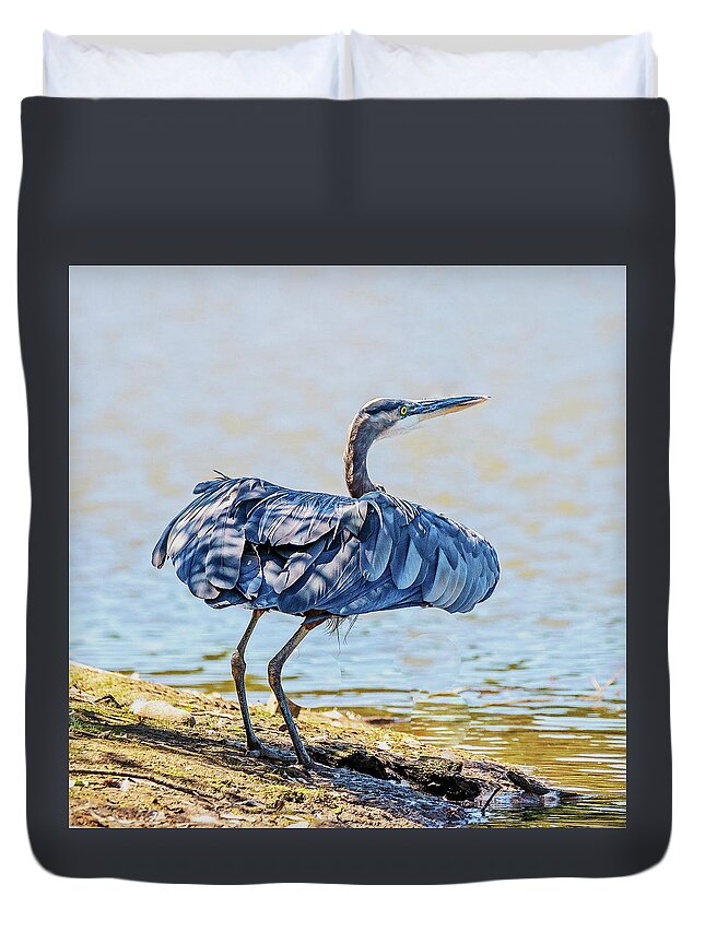 Heron Duvet Cover featuring the photograph Heron Puffing by Jerry Cahill