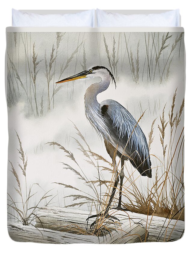 Heron Painting Duvet Cover featuring the painting Herons Misty Shore by James Williamson