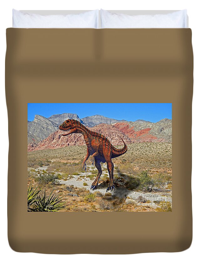 Dinosaur Art Duvet Cover featuring the mixed media Herrarsaurus In Desert by Frank Wilson