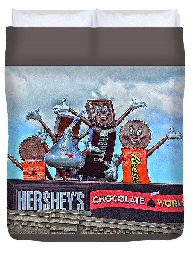 Hershey's Duvet Cover featuring the photograph Hershey's Chocolate World Sign by Mike Martin