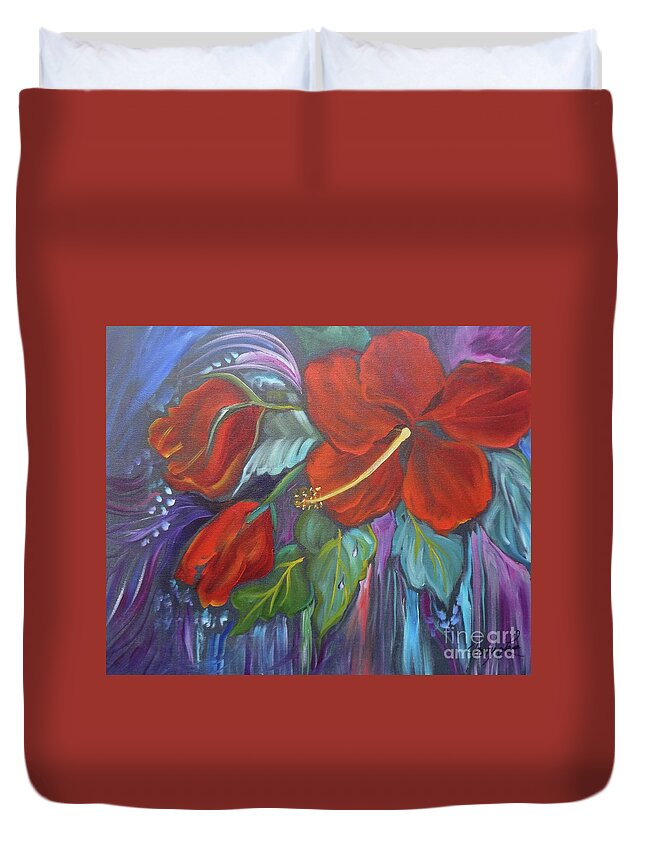 Hibiscus Duvet Cover featuring the painting Hibiscus Whimsy by Jenny Lee