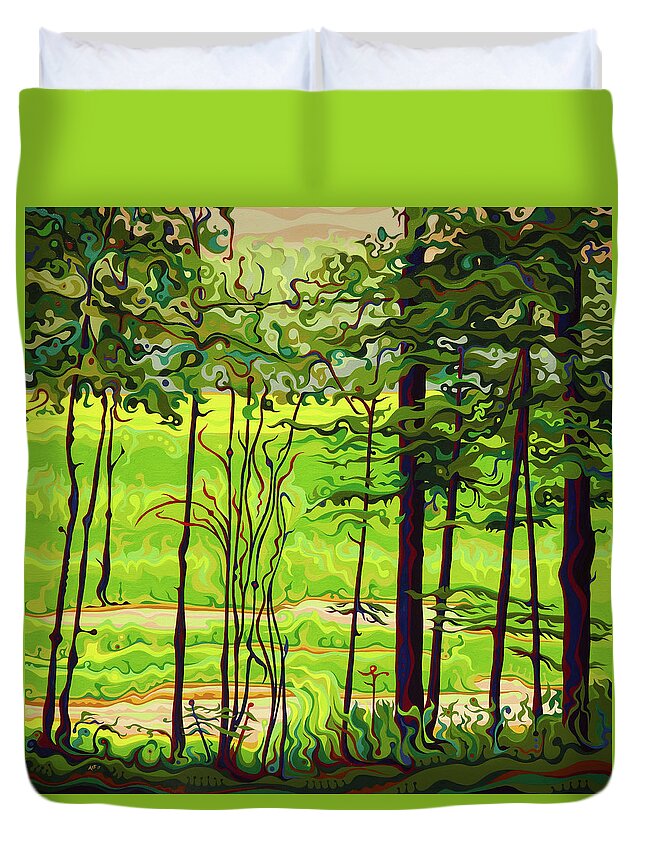 Tree Duvet Cover featuring the painting Hidden Beyond the Green by Amy Ferrari
