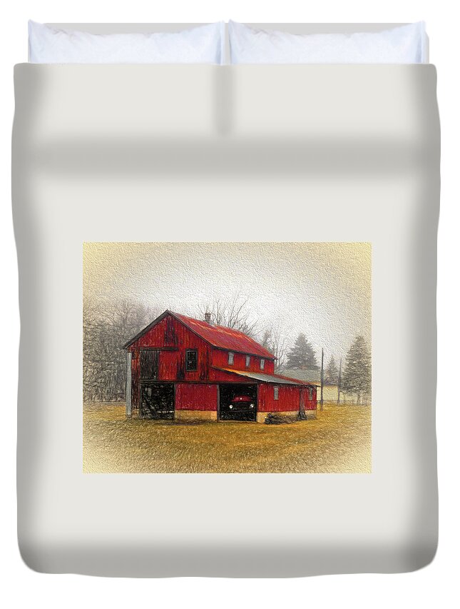 Red Barn Duvet Cover featuring the digital art Hide Away by Leslie Montgomery