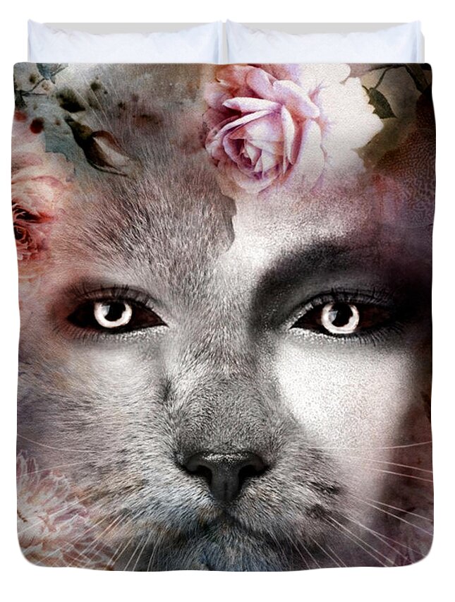 Digital Art Duvet Cover featuring the digital art Hiding Catlady by Artful Oasis