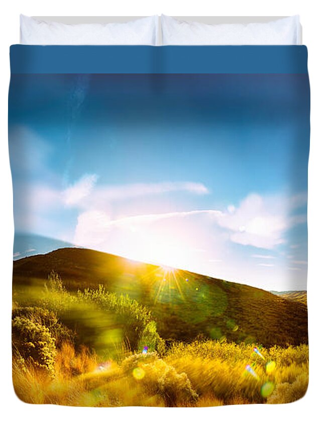 Reno Duvet Cover featuring the photograph High Desert Autumn Sunset with Double Exposure, Warm Tones and Lens Flare by Brian Ball