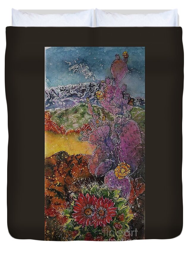 Watercolor Batik Duvet Cover featuring the mixed media High Desert Spring by Carol Losinski Naylor