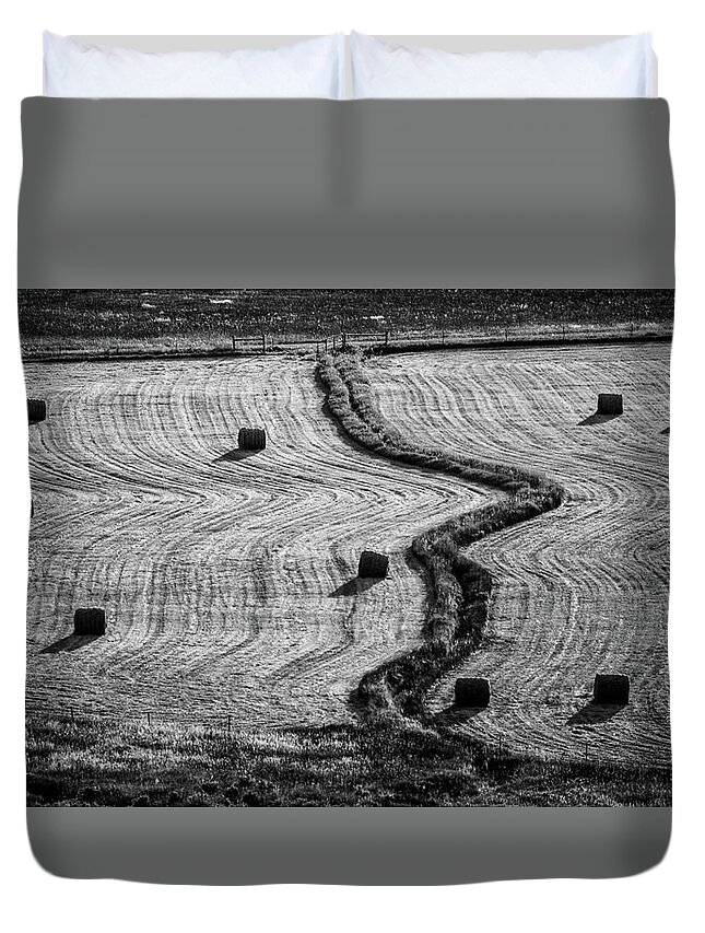 #hayfield #colorado #pattern #blackandwhite Duvet Cover featuring the photograph High Mountain Hay Field #2 by Stephen Holst