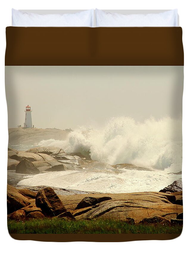 Canada Duvet Cover featuring the photograph High surf after a hurricane crashing on the rocks at Peggy's Cove, Nova Scotia, Canada by Gary Corbett
