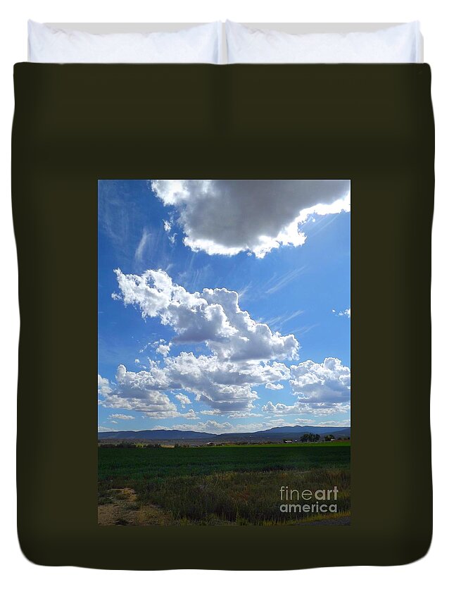 Over Green Alfalfa Fields With The Blue Ridge Of Mountains In The Distance High Winds Chase The Rain Clouds Away Duvet Cover featuring the digital art High winds chase the rain clouds away by Annie Gibbons