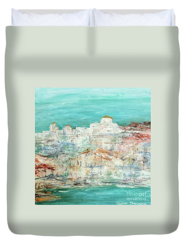 Painting Duvet Cover featuring the painting Highlights on Skiathos by Jackie Sherwood
