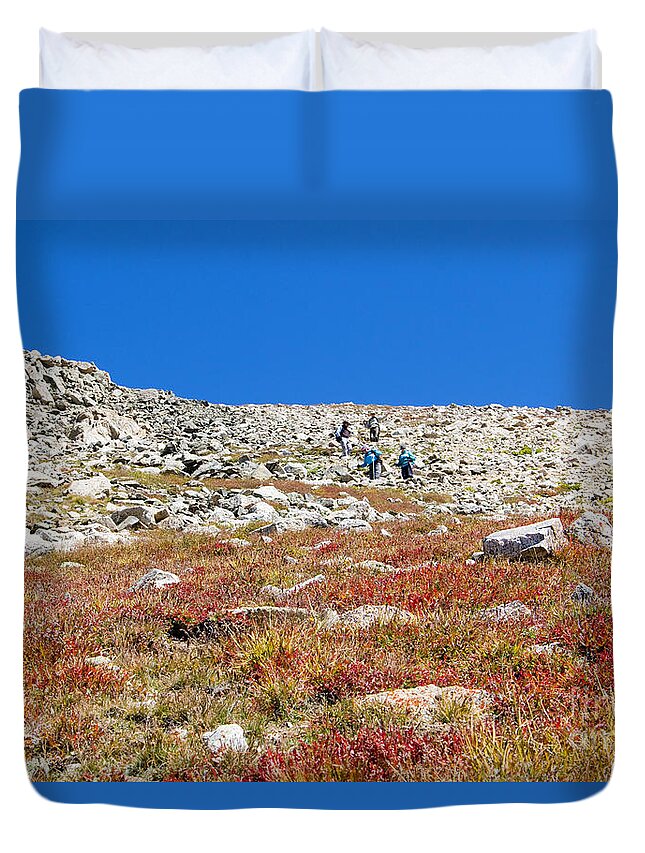 Hiking Duvet Cover featuring the photograph Hikers Climbing Down from Summit on Mount Yale Colorado by Steven Krull