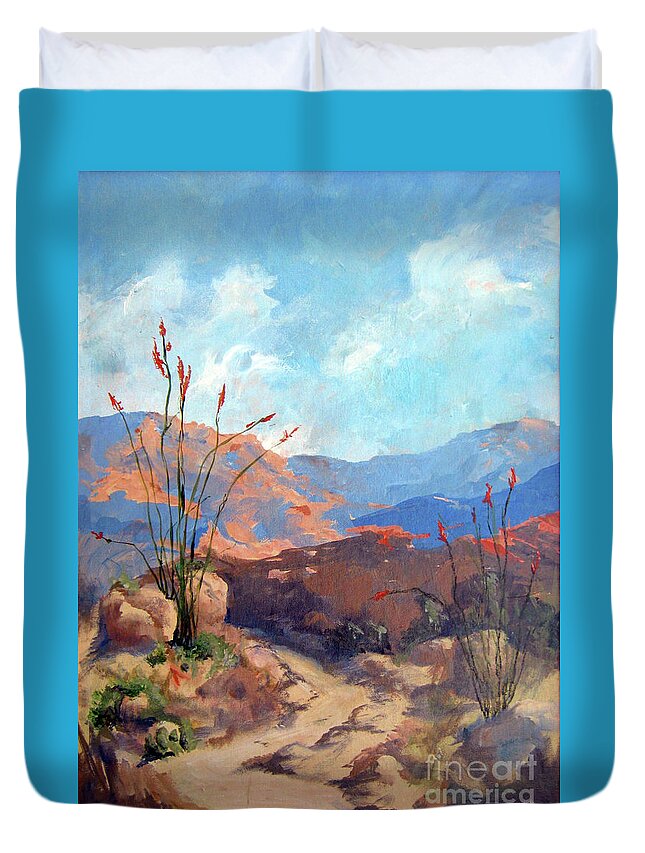 Framed Desert Scape Duvet Cover featuring the painting Hiking the Santa Rosa Mountains by Maria Hunt