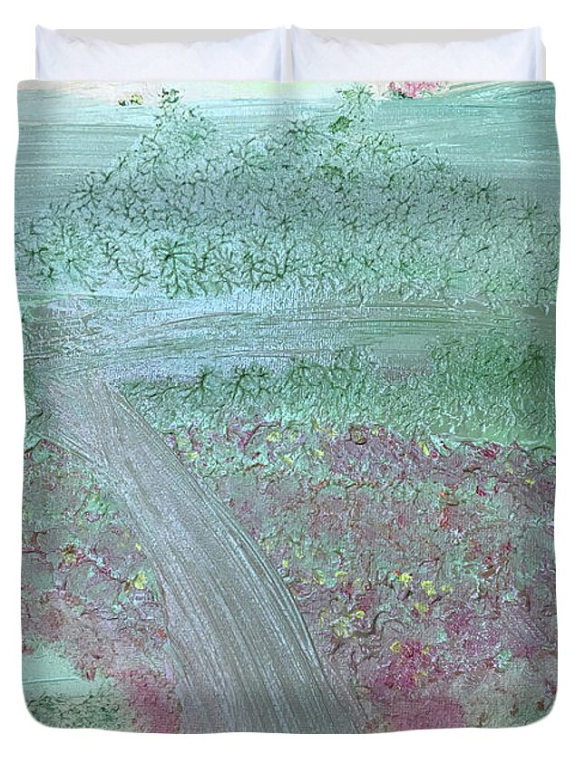 Oil On Canvas Duvet Cover featuring the painting Hillside by Karen Nicholson