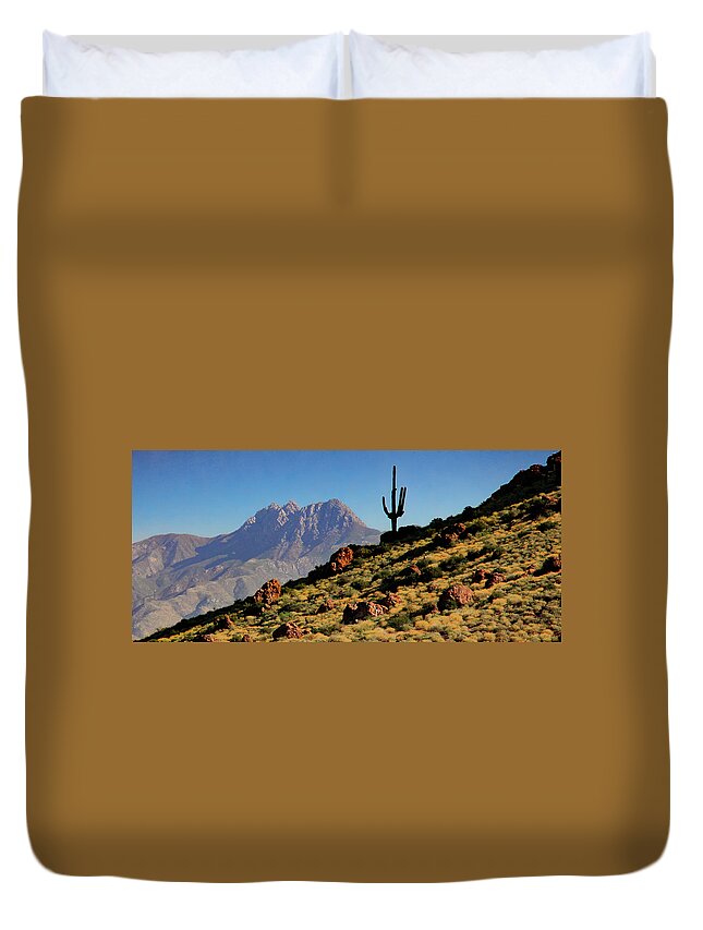 Arizona Duvet Cover featuring the photograph Hillside Sentinel by Hans Brakob