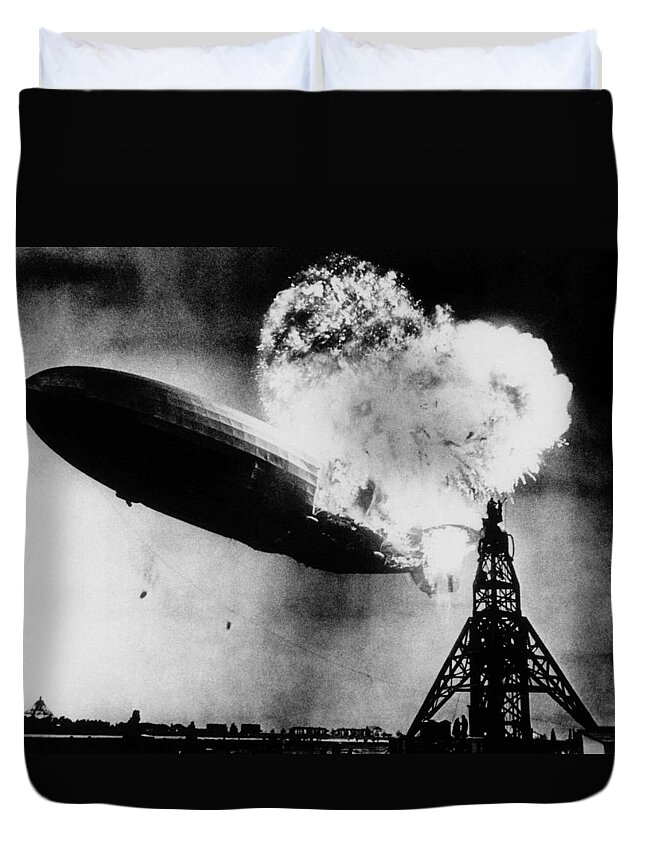 Zeppelin Duvet Cover featuring the photograph Hindenburg Disaster - Zeppelin Explosion by War Is Hell Store
