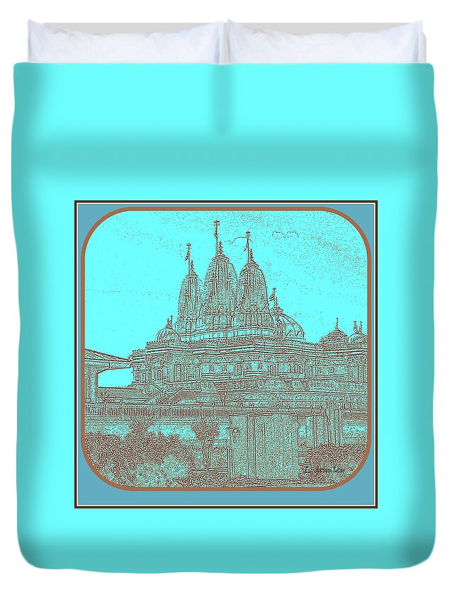 Orange Duvet Cover featuring the digital art Hindu Temple by Lessandra Grimley