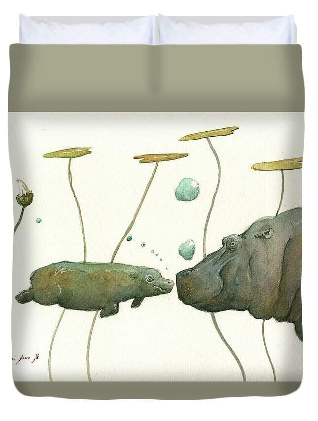 Hippo Duvet Cover featuring the painting Hippo mom with babyv by Juan Bosco