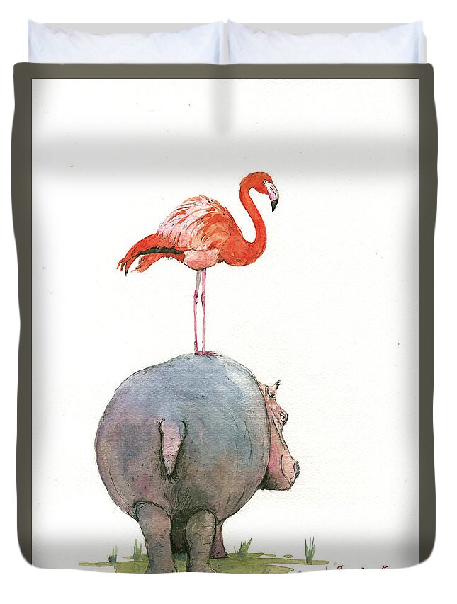 Hippo Art Duvet Cover featuring the painting Hippo with flamingo by Juan Bosco