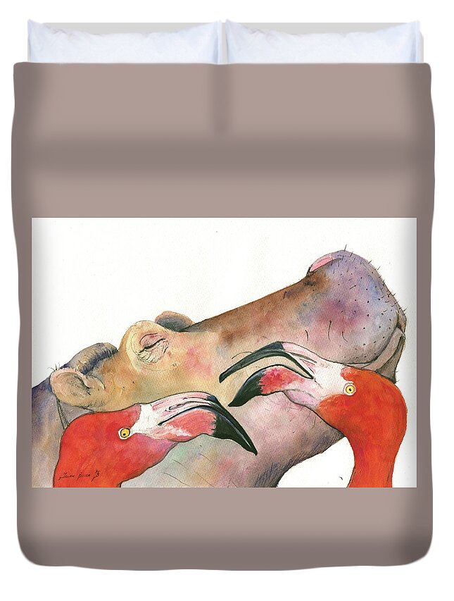 Hippo Art Duvet Cover featuring the painting Hippo With Flamingos Heads by Juan Bosco