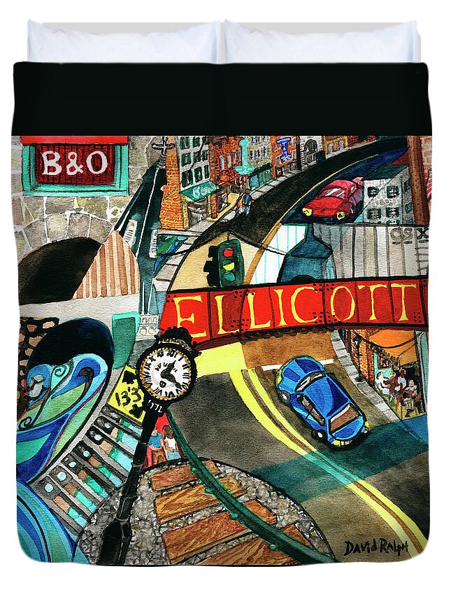 Ellicott City Duvet Cover featuring the painting Historic Ellicott City Steam and Stone by David Ralph