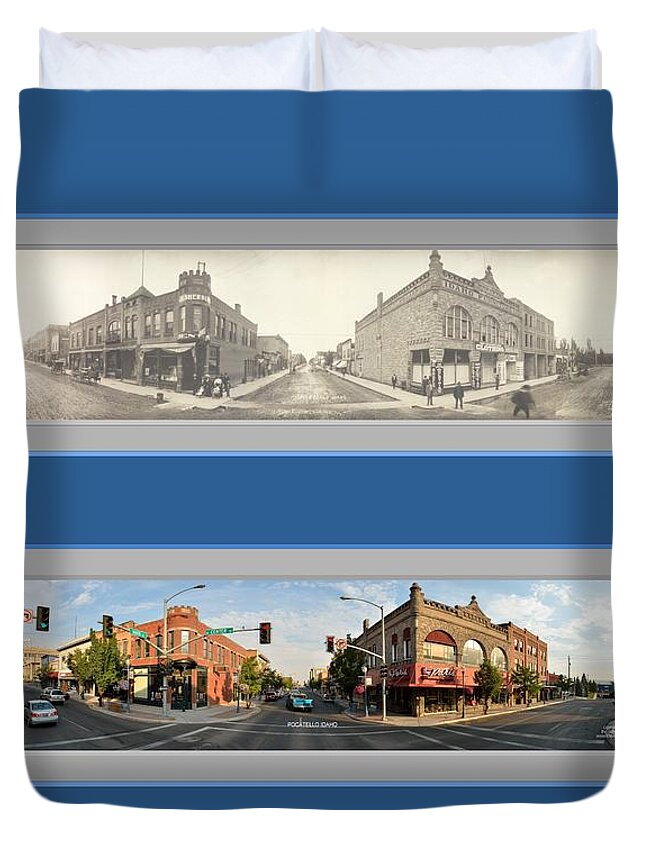 Historic Panorama Panoramic Reproduction Old New Now Then Pocatello Idaho Duvet Cover featuring the photograph Historic Pocatello Idaho Panoramic Reproduction by Ken DePue