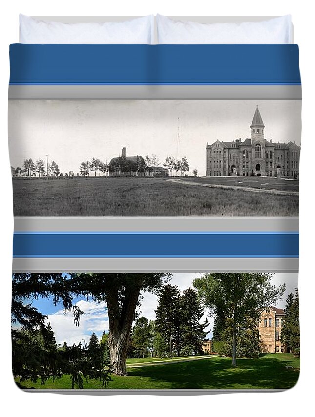 Historic Panorama Panoramic Reproduction Old New Now Then University Of Wy Wyo Wyoming Laramie Duvet Cover featuring the photograph Historic University of Wyoming Panoramic Reproduction Laramie by Ken DePue
