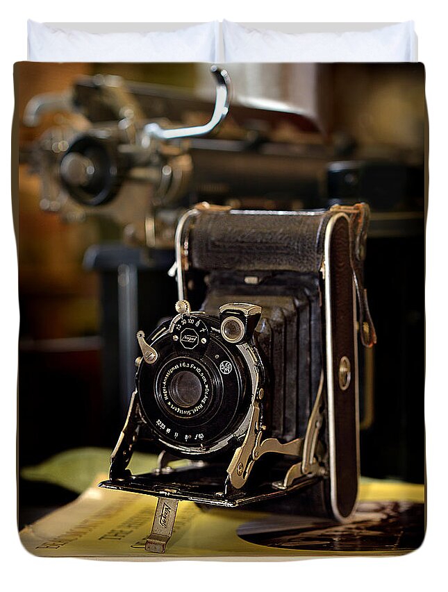 Camera Duvet Cover featuring the photograph The History Of Photography by Lisa Lambert-Shank