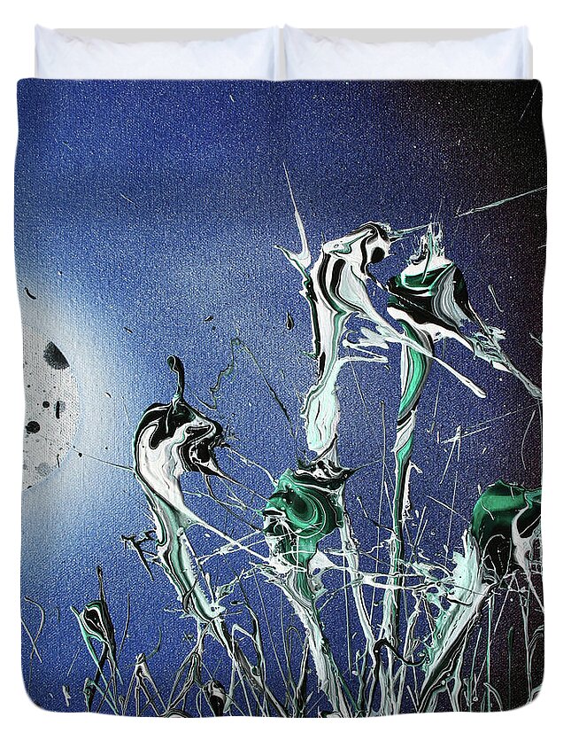 Moon Duvet Cover featuring the painting Hitching a Ride on an Unrelenting Spark by Ric Bascobert