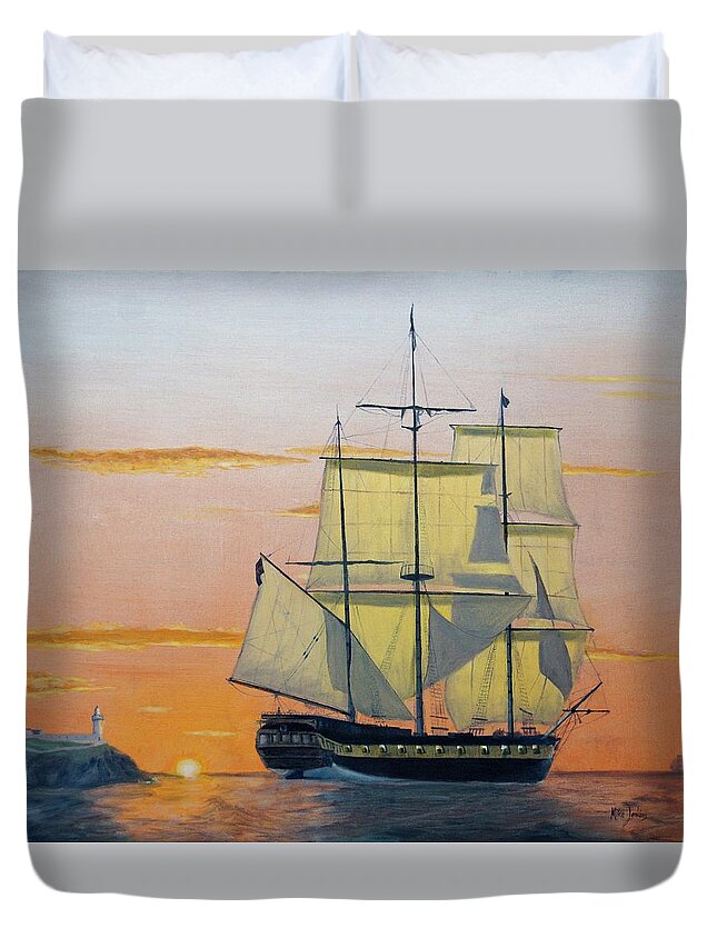 Tallship Duvet Cover featuring the painting HMS Surprise at Battlestations by Mike Jenkins