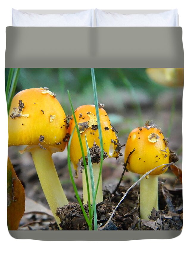Toadstools Duvet Cover featuring the photograph Hobbits Delight or Bright Golden Yellow Mushroom  by Kathy Barney