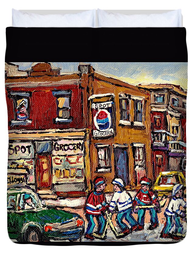 Montreal Duvet Cover featuring the painting Hockey Art Montreal Memories Spot Grocery Original Canadian Painting Winter Scenes Carole Spandau by Carole Spandau