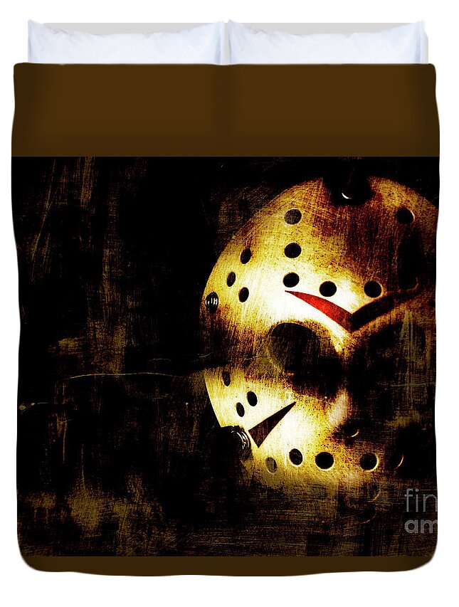 Mask Duvet Cover featuring the photograph Hockey mask horror by Jorgo Photography