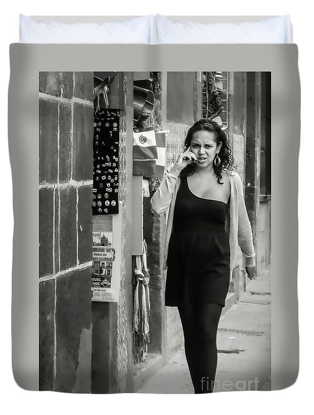 Young Women On Street Duvet Cover featuring the photograph Hola by Barry Weiss