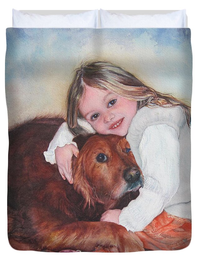 Watercolor Portrait Duvet Cover featuring the painting Hollis and Hannah - cropped version by Mary Beglau Wykes